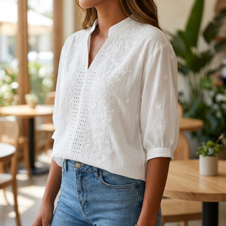 Valkoinen V-kaula Lace Paita Naisille