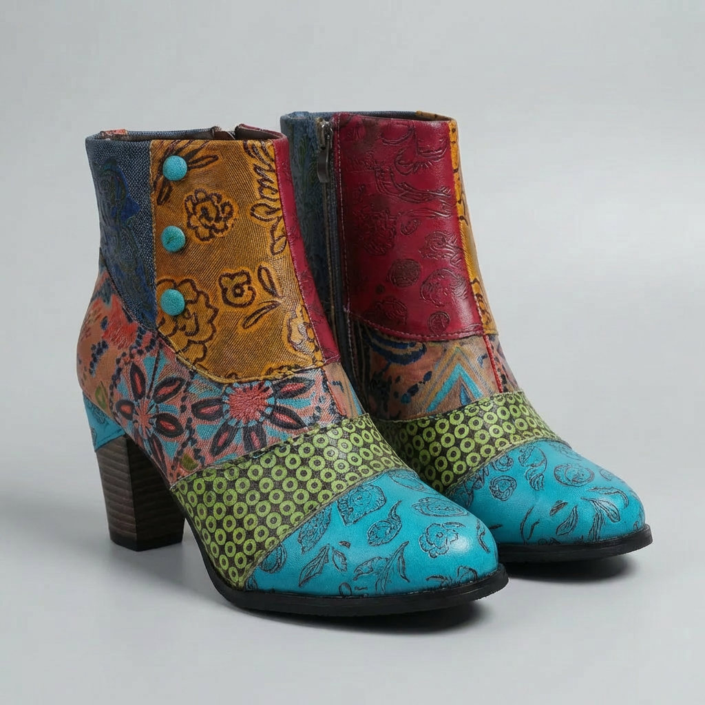 Patchwork Print Block Heel Nilkkaboots