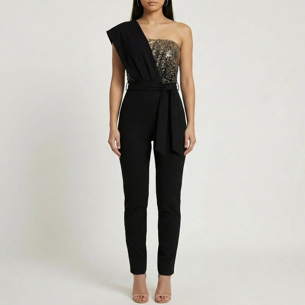 Yksi-Olkaimen Kimalteet-Korsetti Jumpsuit