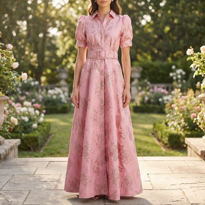 Vyöllinen Kukkajacquard Maxi Mekko