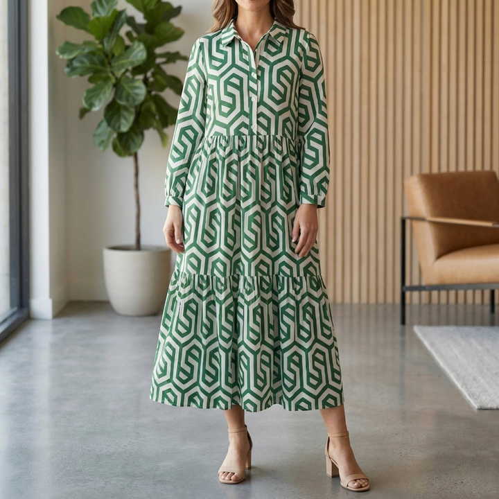 Pitkähihaineen geometrinen printti midi mekko