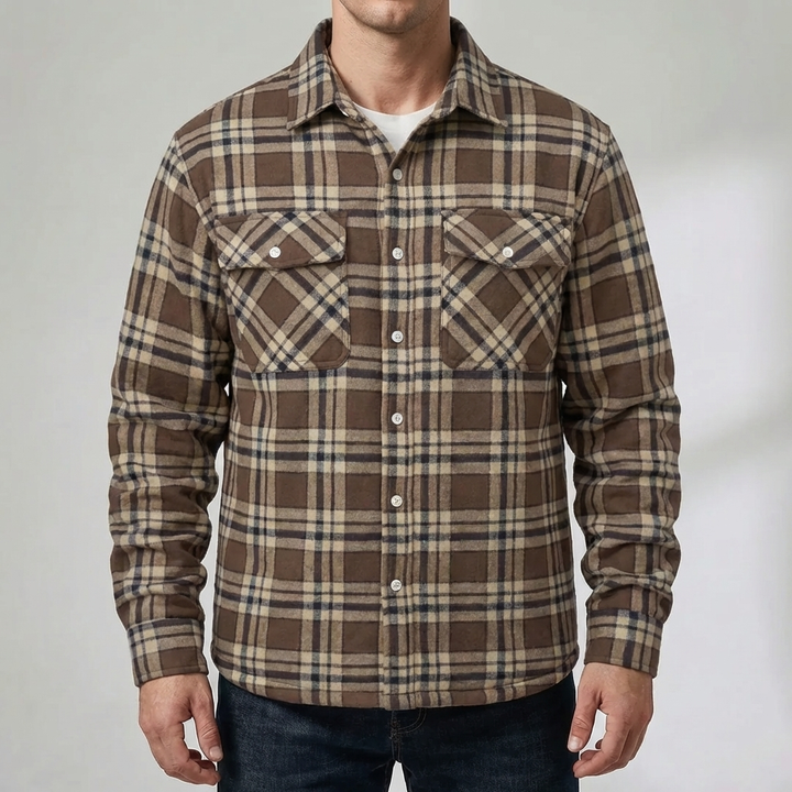 Fleece-vuorattu ruudullinen paita-takki miehille