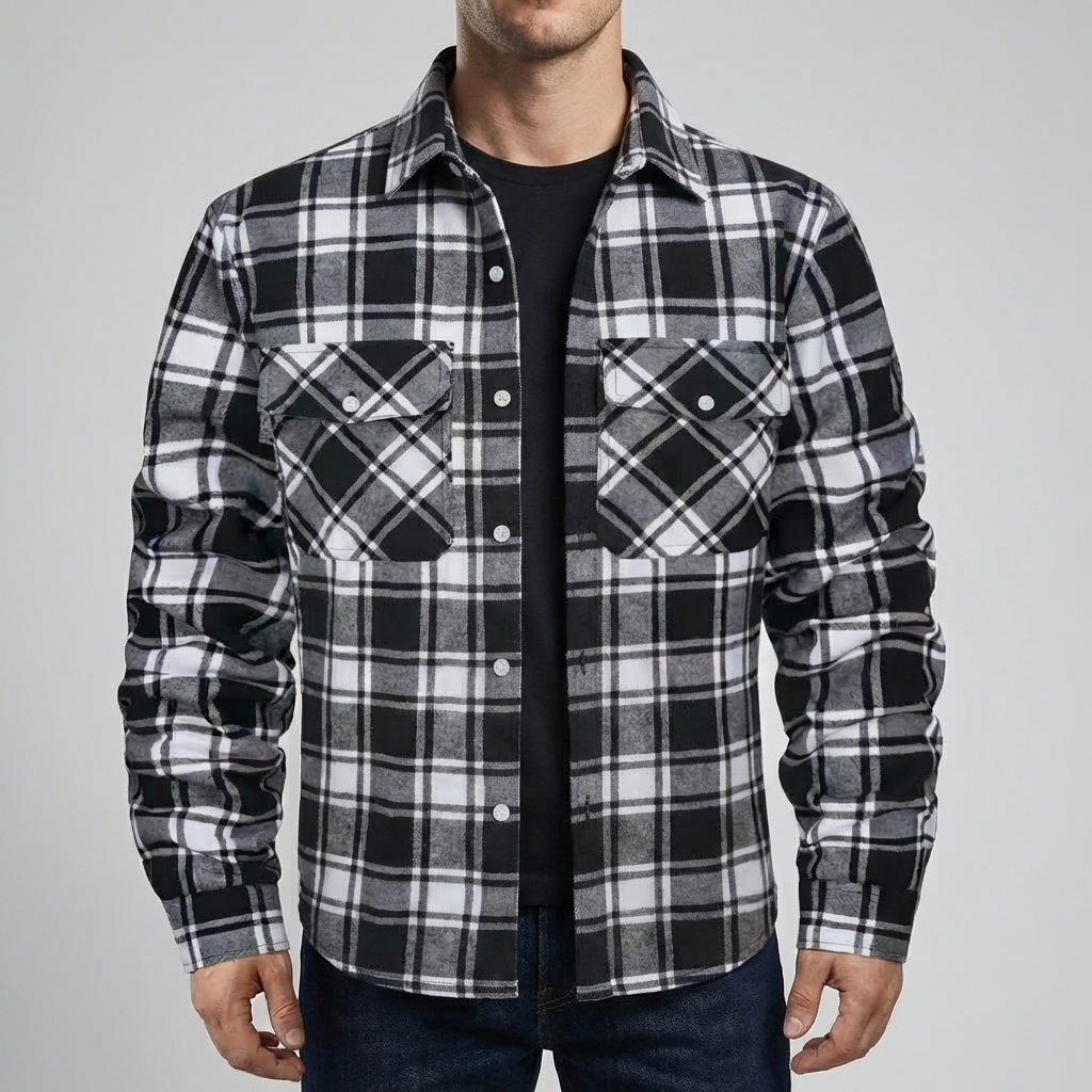 Fleece-vuorattu ruudullinen paita-takki miehille