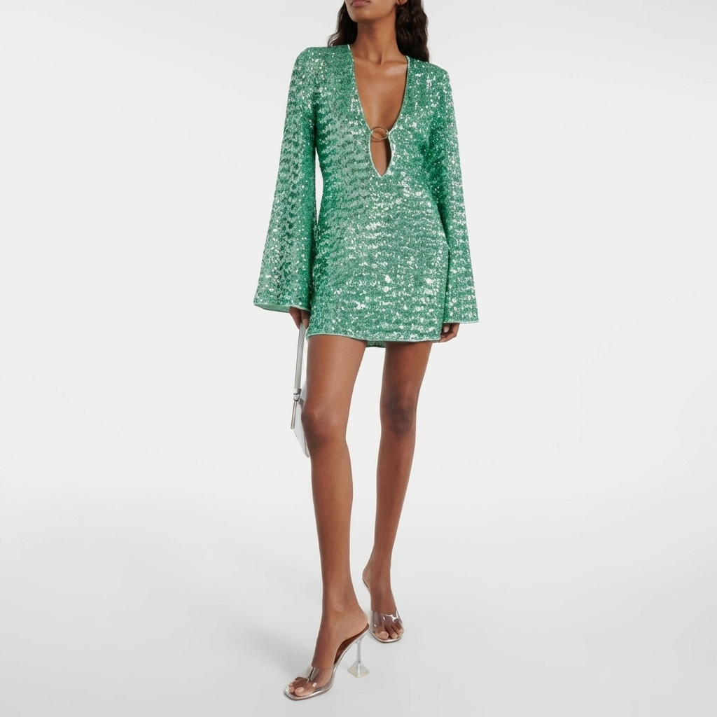 Loistava Sequin V‑Kaula Juhlapuku