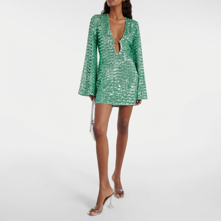 Loistava Sequin V‑Kaula Juhlapuku