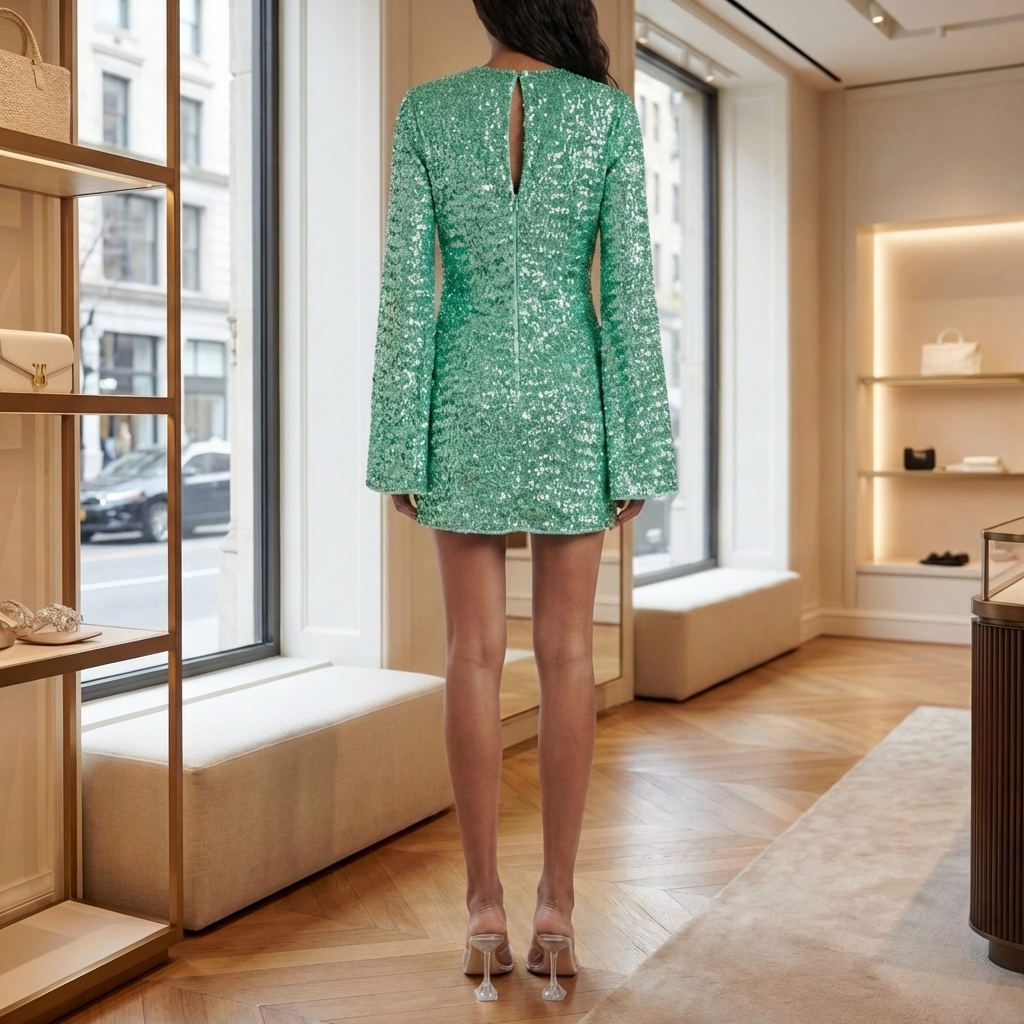 Loistava Sequin V‑Kaula Juhlapuku