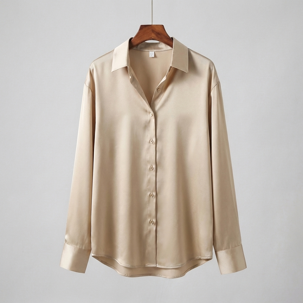Satiini Paitapusero Pitkillä Hihoilla ja Perinteisellä Kauluksella