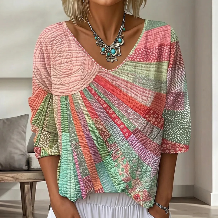 Naisten retro-patchwork-pusero V-pääntiellä
