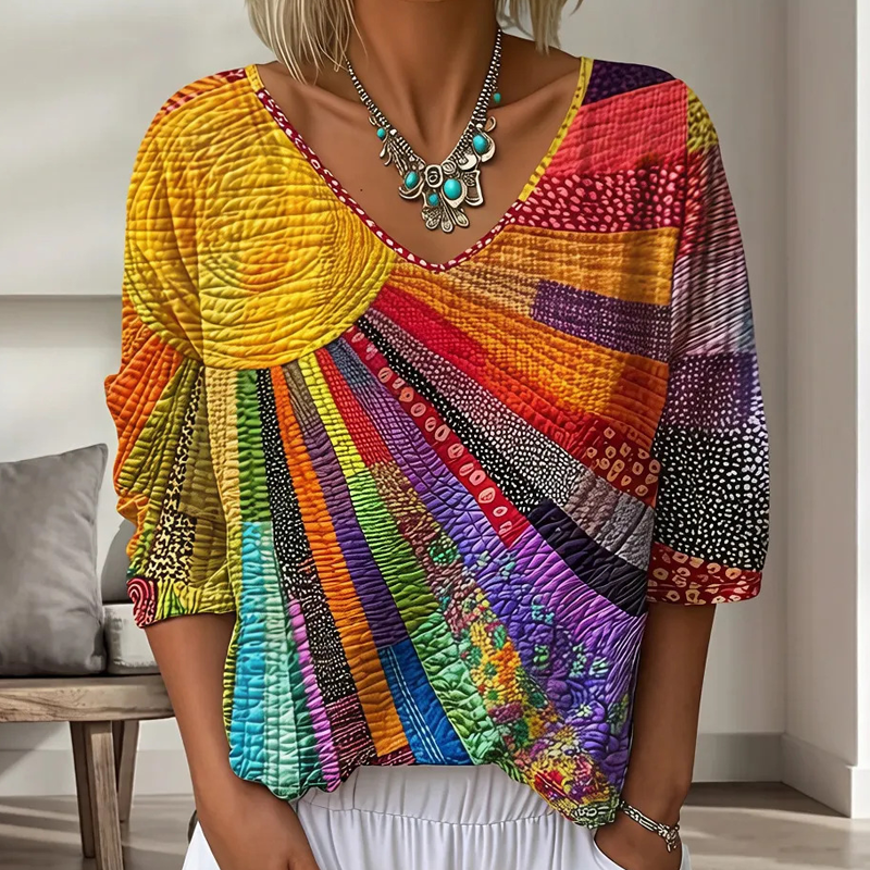 Naisten retro-patchwork-pusero V-pääntiellä