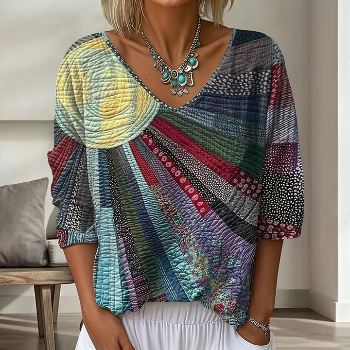 Naisten retro-patchwork-pusero V-pääntiellä